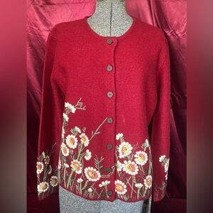 Susan Bristol Floral Embroidered Red Women's Sweater